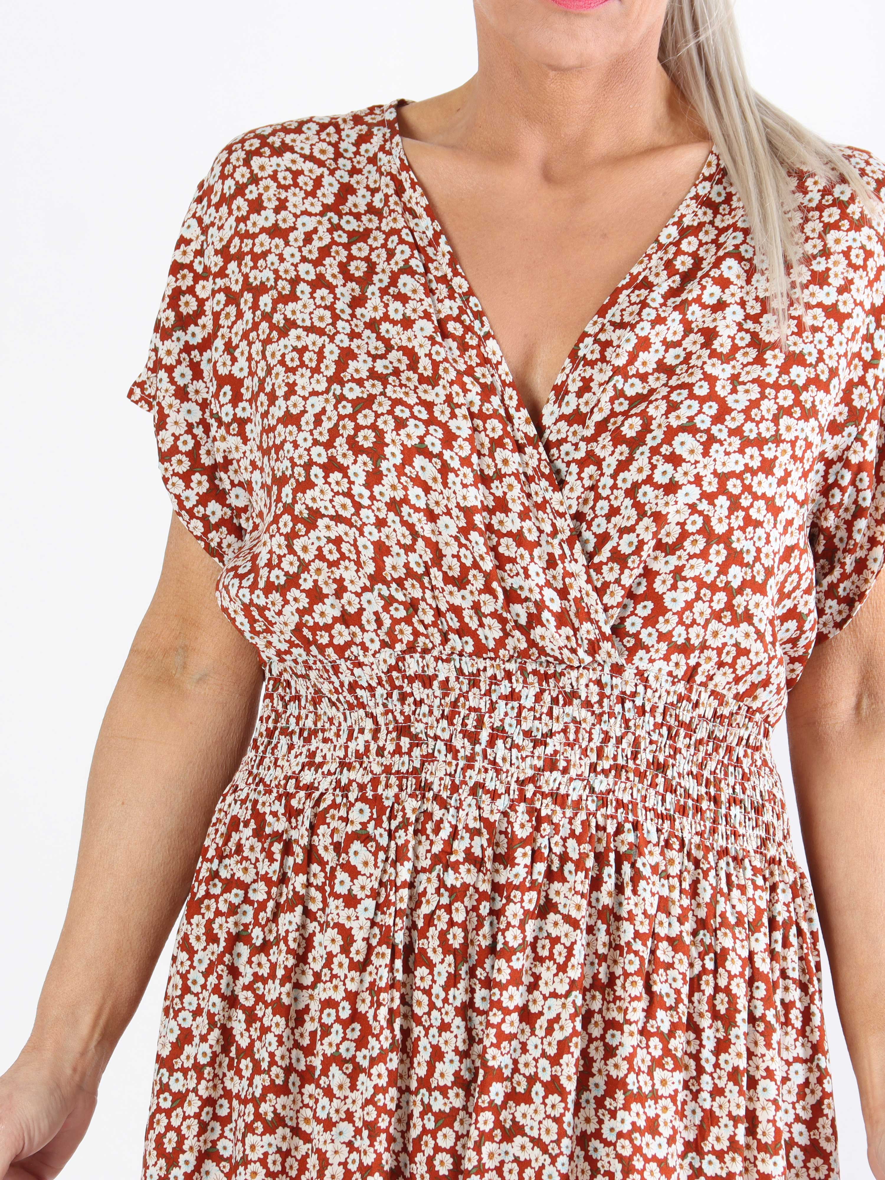 Clementine - Småblomstret plus size kjole med elastik i taljen